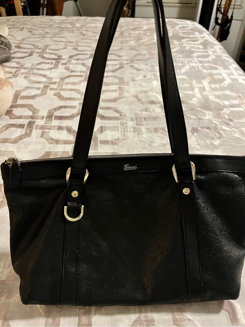 Gucci Black Embossed Leather Shoulder Tote with Gold Hardware